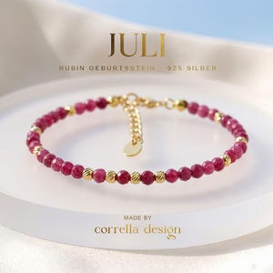 Echtes Rubin Armband mit 925 Silber oder 18kt vergoldet – Geburtsstein Juli, personalisierbar, echtes Edelstein Armband Geschenk