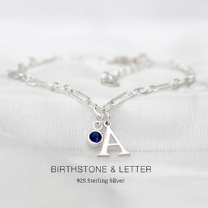 Initial und Geburtsstein Armband, 925 Sterling Silber, personalisierte Geschenke, Figarokette - Valentinstag Geschenk