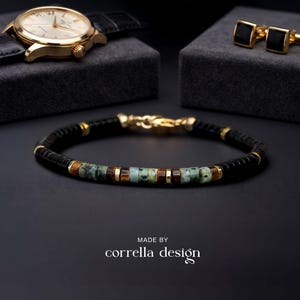 Armband Onyx, Tigerauge, afrikanischer Türkis, Hämatit goldfarben (4mm) – handgefertigt - Herrenarmband - Geschenk für Ihn - 925 Silber