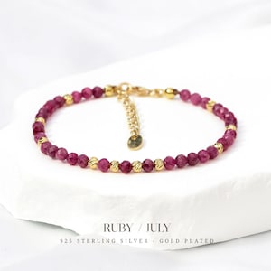 Bracelet en rubis véritable avec argent 925 ou plaqué or 18 carats – Pierre de naissance de juillet, personnalisable, cadeau bracelet en pierres précieuses véritables