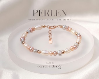 Süßwasser-Perlenarmband, natürliche echte Perlen Rosa, Weiß, Lavendel und Grau, 925 Silber, handgefertigt nach Maß, gold roségold