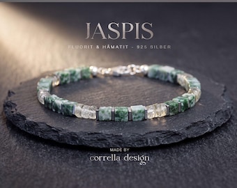 Herren Armband Green Spot Jaspis & Fluorit | Edelsteinarmband mit 925 Silber Verschluss | Grün und Silber