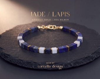 Herrenarmband Lapislazuli & weiße Jade | 4 mm Würfelperlen | Hämatit und vergoldeter 925 Silber Verschluss | Männerarmband