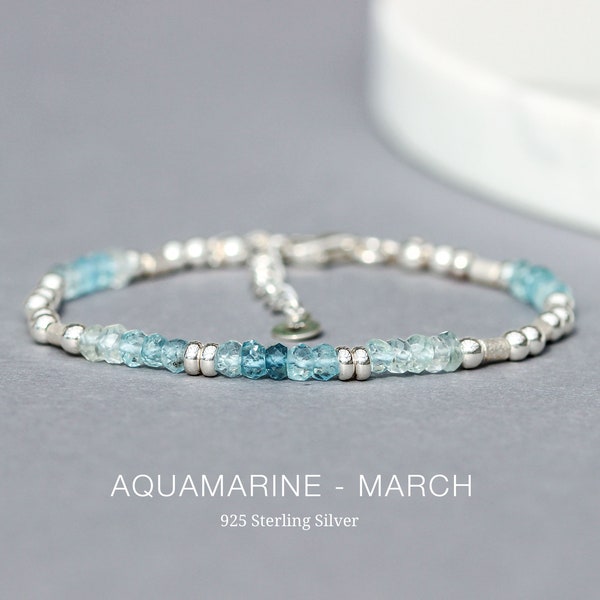Echter Aquamarin Armband, März Geburtsstein, 925 Sterling Silber, Aquamarin Rondelle Ombre