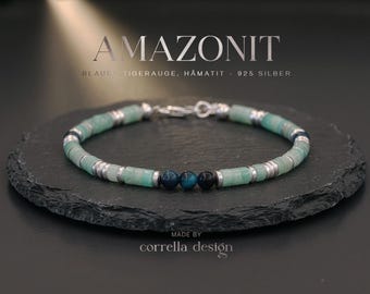 Amazonit und Blaues Tigerauge Armband | Harmonie & Gelassenheit | 925 Sterling Silber | Hämatit | Edelstein Armband Damen und Herren