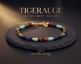 Tigerauge, Amazonit & Blaues Tigerauge Herrenarmband 4 mm | Gelassenheit und Mut | 925 Sterling Silber | Hämatit gold | Edelstein Armband