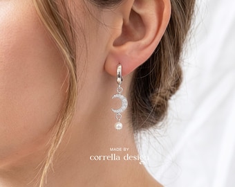 925 Silber Creolen mit Zirkonia-Mond & Perlenanhänger | Klappbrisuren Ohrringe | Eleganter Statement Schmuck in Silber