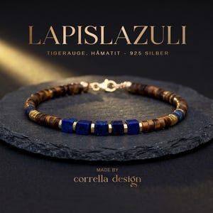Herrenarmband Tigerauge, Lapislazuli Würfel/Scheiben, goldfarbenem Hämatit (4 mm) – handgefertigt - Geschenk für Ihn - 925 Silber Verschluss