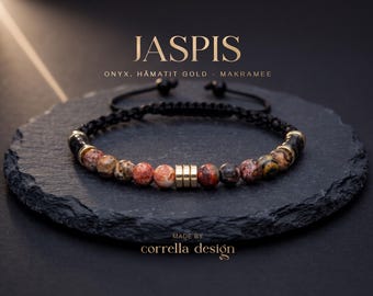 Herren Armband mit Leopardenjaspis, Onyx & Hämatit Makramee – Stärke und Erdung, Schwarz-Gold Naturstein Männerschmuck - Größenverstellbar