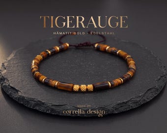 Tigerauge & Hämatit Armband | Mut und Schutz | Edelstahlperlen gold | Verstellbares Makramee-Armband | Edelstein Schmuck Damen und Herren