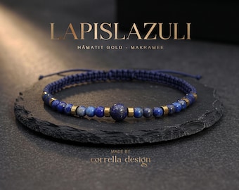 Armband Lapislazuli und goldfarbener Hämatit Makramee – Weisheit & Klarheit – Naturstein – handgefertigt verstellbar - Geschenk Sie und Ihn