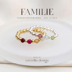 Geburtsstein Ring Familie, Stretchring Geschenk Mama, Freundin, Family & Friends Perlenring 925 Silber Gold stapelbar, Valentinstag Geschenk
