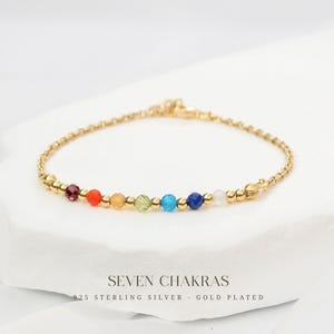7 Chakra armband met echte stenen 3 mm, yoga armband, meditatie, regenboog 925 zilver of verguld, ankerketting