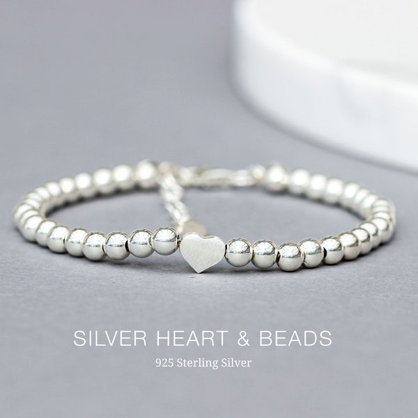 Kugelarmband 925 Sterling Silber Perlen Kugel Armband, Minimalist Stapel Armbänder 4mm, Herz, Geschenk Freundin Frau, Valentinsgeschenk