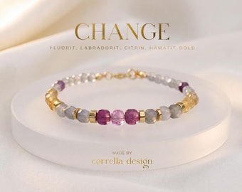 Lila Fluorit Armband | Labradorit Citrin Hämatit | 925 Silber | Edelsteinarmband Damen | Change | Geschenk