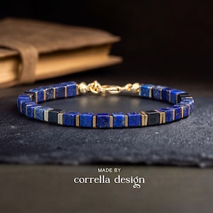 Bracciale da uomo con pietre preziose, ossidiana e lapislazzuli con cubi da 4 mm – protezione e saggezza – ematite color oro – chiusura in argento 925, oro