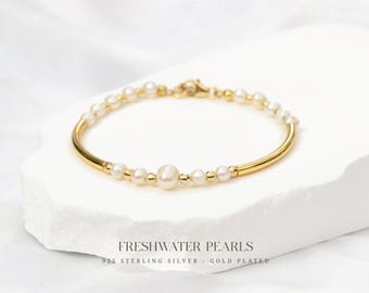 Bracciale di perle d'acqua dolce di alta qualità - tubo placcato oro e perle d'argento - elegante gioiello fatto a mano - regalo perfetto
