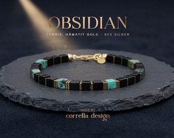 Herrenarmband Obsidian & Afrik. Türkis – Würfel 4 mm, goldener Hämatit, Karabinerverschluss 925 Silber vergoldet – Unisex Edelsteinarmband