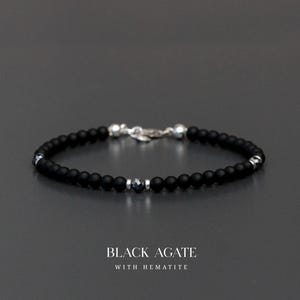 Hämatit & Achat Herrenarmband matt 4 mm – Edelsteinarmband mit 925 Silber – Handgemachtes Schutzarmband – Geschenk für ihn