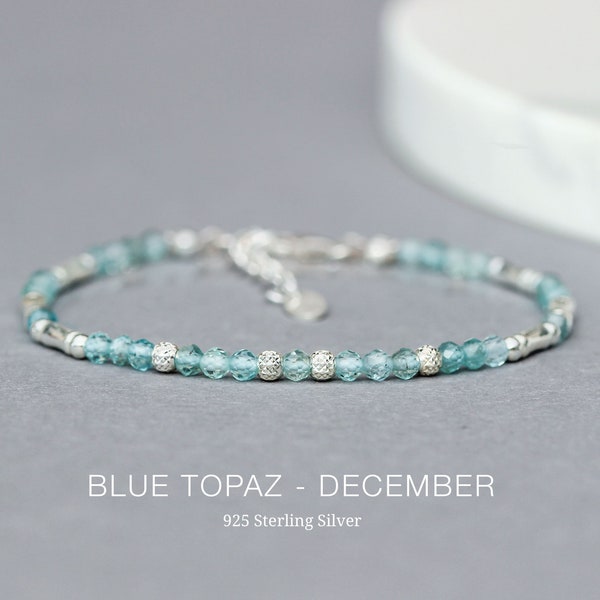 Blau Topas Armband 925er Silber oder 18 kt vergoldeten Details, echter Edelstein, personalisiertes Armband Dezember, Geburtssteine