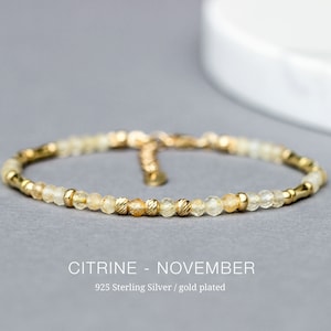 Citrin Armband mit 925er Silber oder 18 kt vergoldet, echter Edelstein, personalisiertes Armband November, Geburtsstein Schmuck