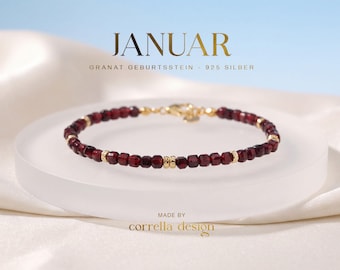 Granat Armband Damen | 3 mm facettierte Granat Würfel | vergoldetes 925 Silber | Edelsteinarmband | Damen Schmuck | Geschenk für Sie