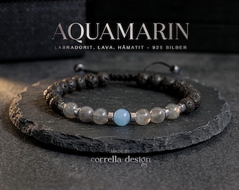 Herren Armband Aquamarin & Labradorit und Lavastein 6 mm – Stärke und Balance – Hämatit silberfarben, handgefertigt - Schiebeverschluss -