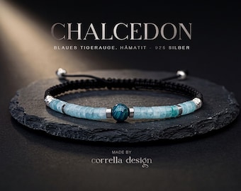 Herrenarmband Tigerauge Blau & Chalcedon – Mut und Selbstvertrauen, Makramee Edelsteinarmband für Herren/Unisex – handgefertigt - Geschenk