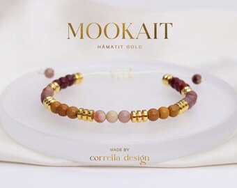 Mookait Armband Damen 4 mm | Edelsteinarmband mit Hämatit | Makramee Armband | Verstellbares Boho Schmuckstück | Geschenk für Sie