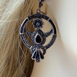 Vintage Onyx & Marcasite Drop Earrings In Sterling Silver.