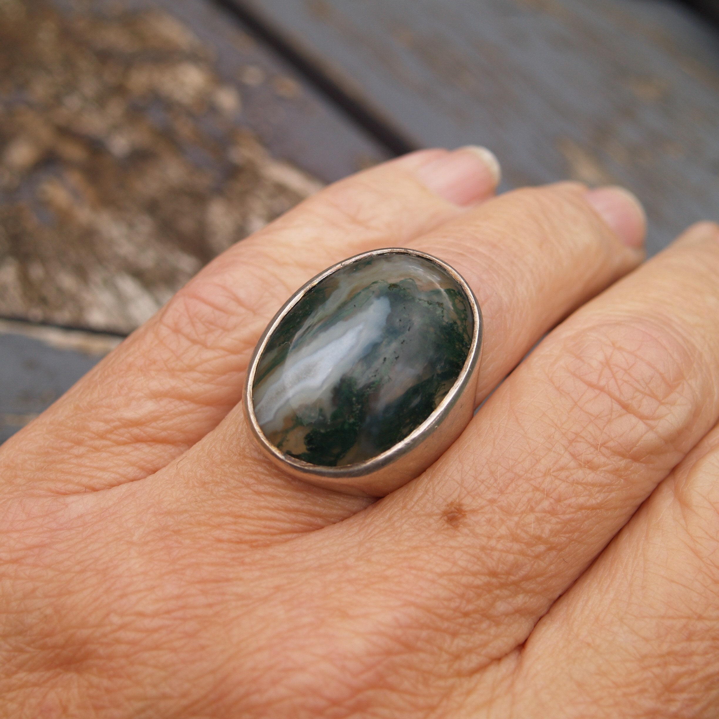 Vintage Sterling Silver Moss Agate Ring. | Etsy