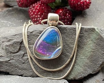 Silver Dichroic Glass Pendant & Snake Chain.