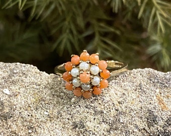 Vintage 9ct Gold Coral & Pearl Custer Ring Size M or 6 1/4 USA.