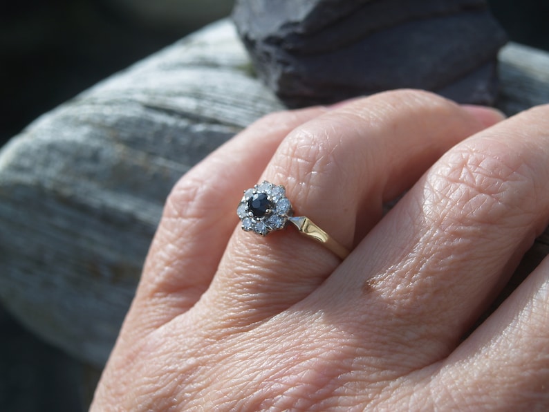 Vintage 9ct Gold Sapphire & Cubic Zirconia Cluster Ring Size O 1/2 or 7 1/2 US Full Hallmarks London 1989. image 5