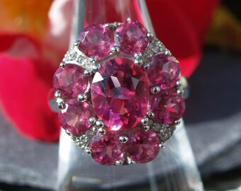 Sterling Silver Pink Topaz, Pink Tourmaline & White Sapphire Statement Ring Size O or 7 1/4 (US)