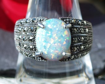 Created Opal & Marcasite Sterling Silver Ring Size U or 10 1/4 US.