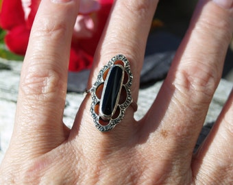 Bague Art Déco En Argent 925 - Marcassite Et Onyx Noir, Taille 56, Neuf Avec étiquettes
