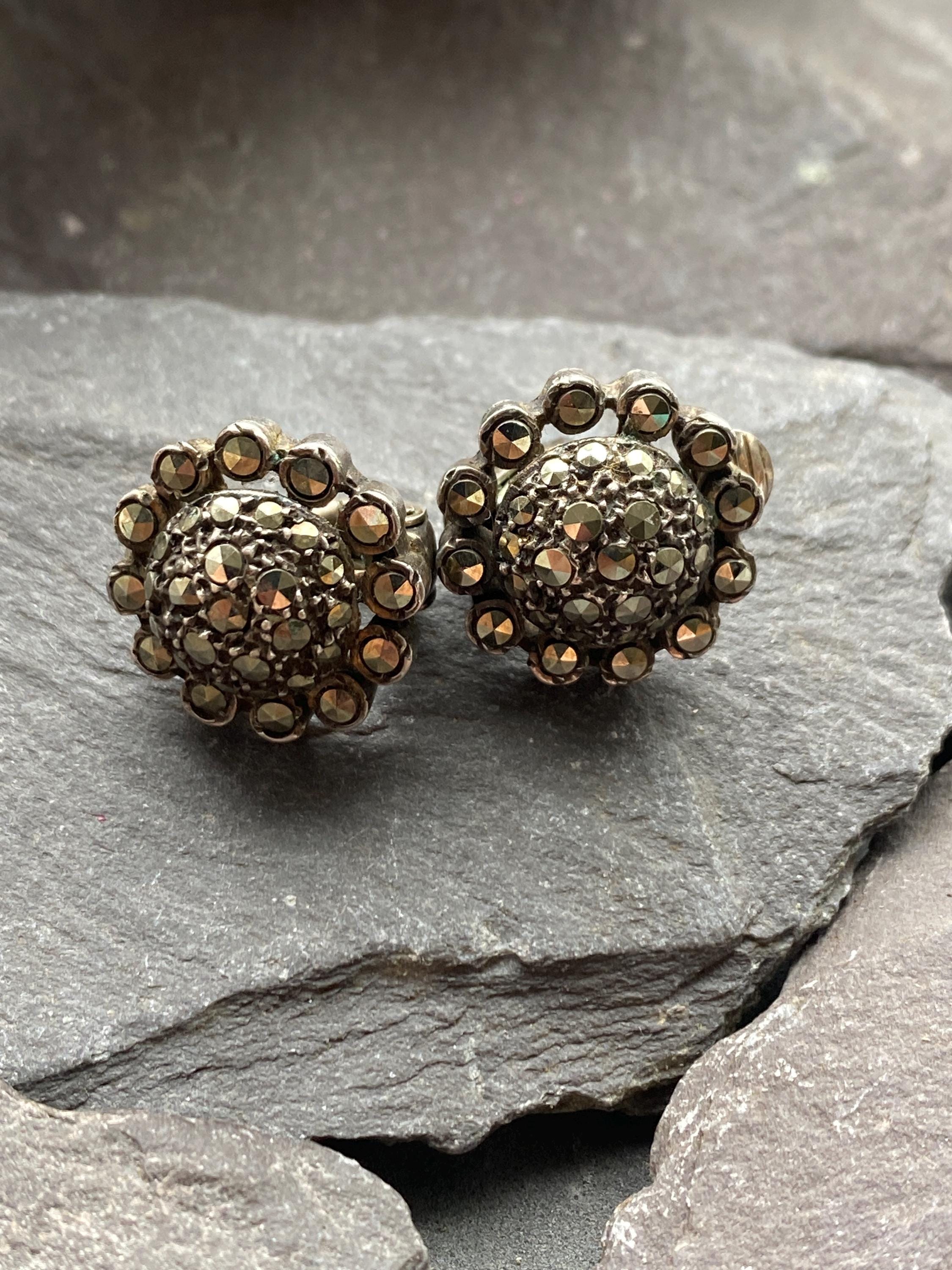 Boucles D'oreilles Anciennes Clips En Argent 925 - Marcassite Et Perle - État Excellent - Vintage