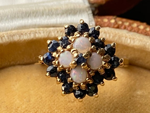 9ct Gold Opal and Sapphire Cluster Ring Size K 1/… - image 1