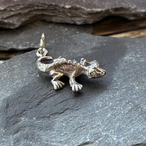 May include: A silver-toned metal charm shaped like a small lizard or gecko, featuring a textured, scaly surface and a small circular jump ring attached to the top for hanging. The charm displays detailed legs, a curved tail, and a defined head.