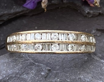 9ct Gold Baguette & Round Brilliant Diamond Two Row Eternity Ring Size J 1/2 or 5 US.