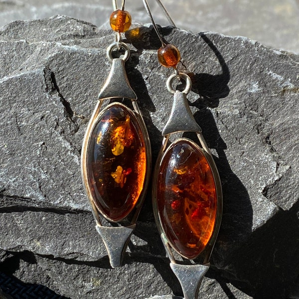 Vintage Sterling Silver & Amber Drop Earrings Gdansk.