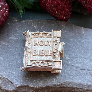 Vintage Silver Opening Bible Charm With Verses Inside.