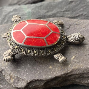 Sterling Silver Turtle Brooch With Red Inlay & Marcasite