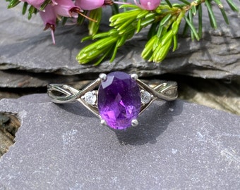 Sterling Silver Amethyst & White Topaz Ring Size N 1/2 or 7 US