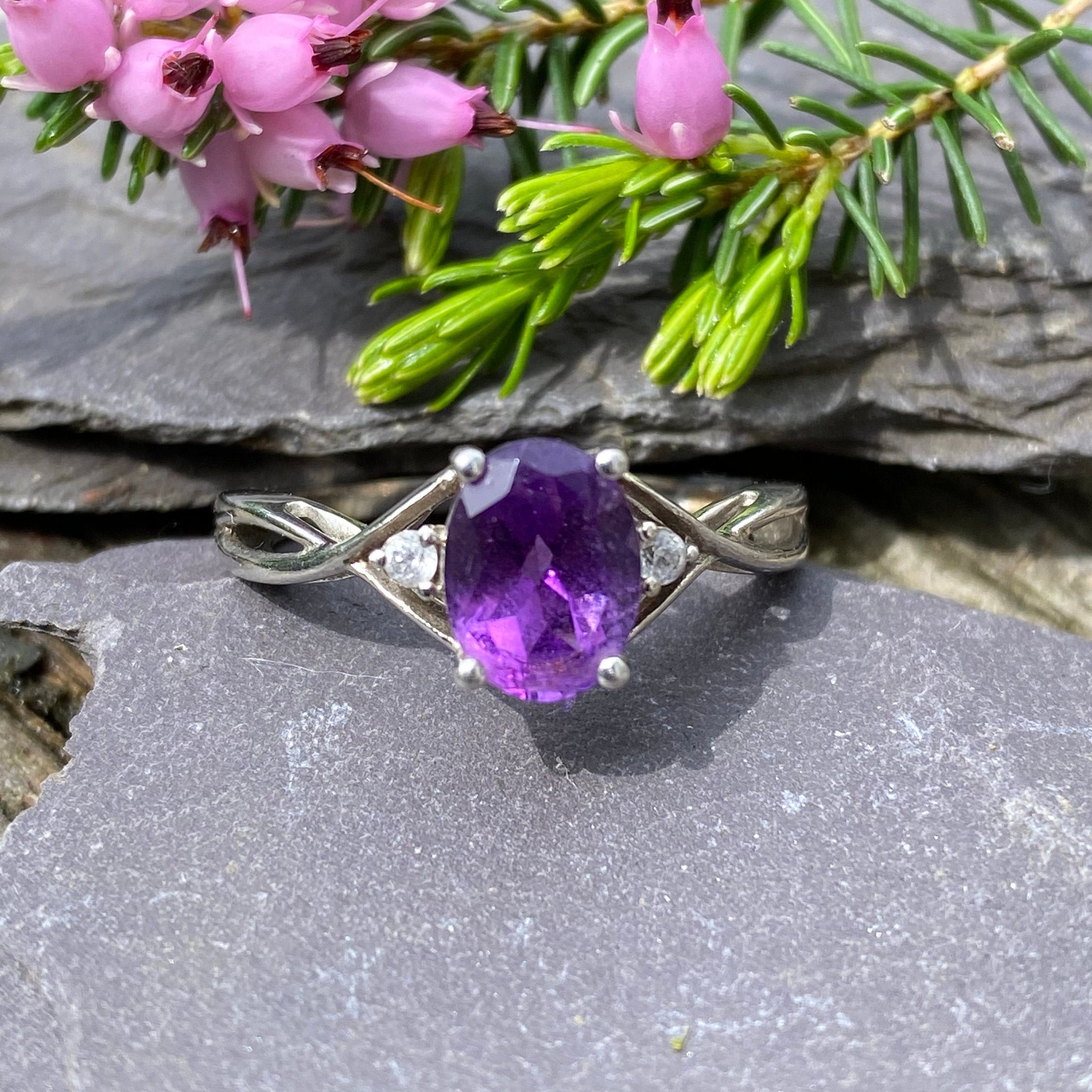 Bague Argent Avec Améthyste Et Topaze Blanche - Taille 6, Style Fashion !