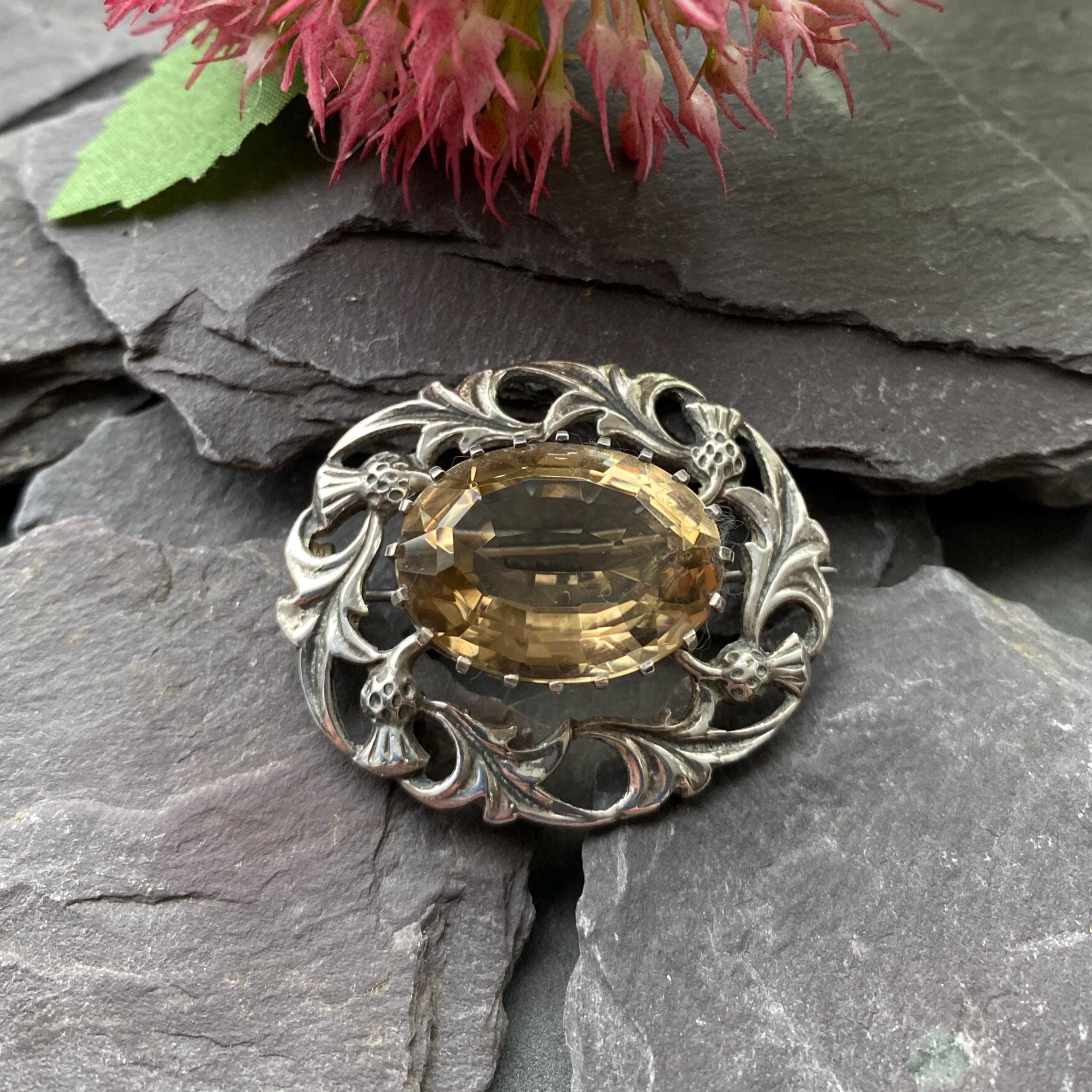 Broche Ancienne Trèfle En Vermeil Et Citrine Naturelle - Bijou Antique, Occasion