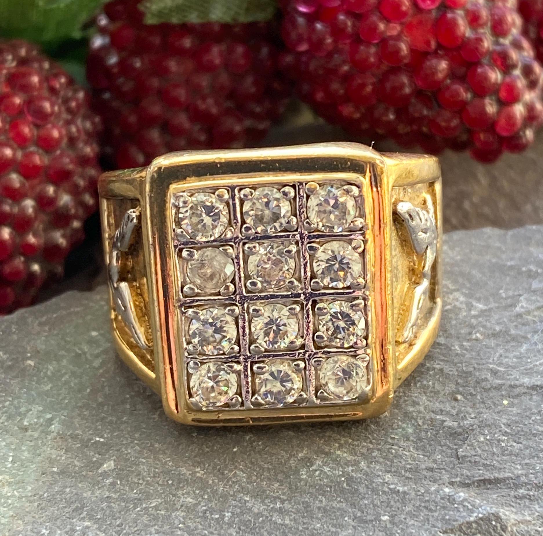 Bague Plaque Or Jaune Avec Zirconium Cubique - Taille 52, Vintage Années 80 - Neuf Sans Emballage