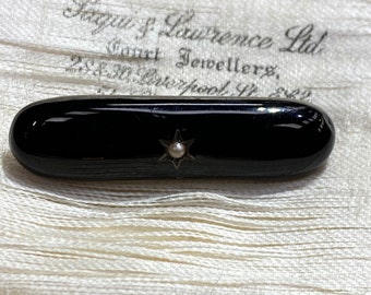 Victorian Mourning Brooch in Black Enamel & Seed Pearl.