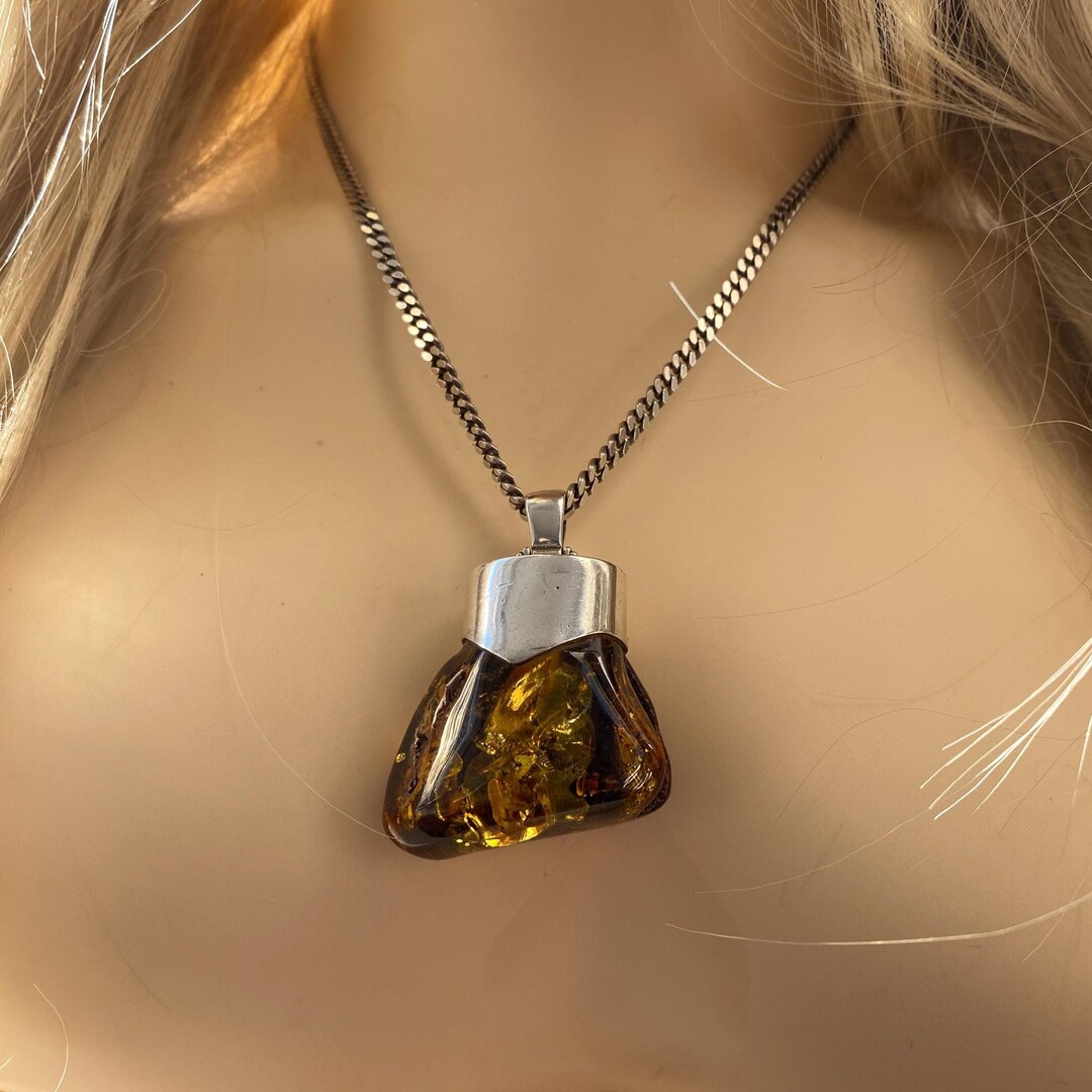 Vintage Silver & Amber Pendant and Heavy 19 Inch Chain. - Etsy